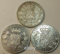 Lot of 3 all Diff. Old Belgium Silver 5 Francs 1870,1873,1875 Very Nice