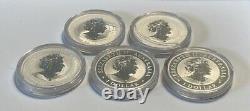 Lot of FIVE Australia 1 oz. 9999 Fine Silver One Dollar Coins in Capsules