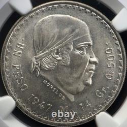 MEXICO. 1947, 1 Peso, Silver NGC MS65 Eagle Snake, Reverend Morelos Cachetón
