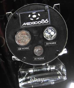 MEXICO 1986 25, 50, 100 Pesos 1985 FIFA World Cup Rare BU Silver Display Set