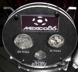 MEXICO 1986 25, 50, 100 Pesos 1985 FIFA World Cup Rare BU Silver Display Set