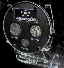 MEXICO 1986 25, 50, 100 Pesos 1985 FIFA World Cup Rare BU Silver Display Set
