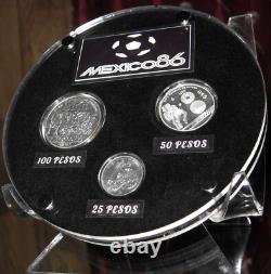 MEXICO 1986 25, 50, 100 Pesos 1985 FIFA World Cup Rare BU Silver Display Set