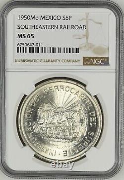 MEXICO $5 Pesos 1950 Silver NGC MS65 Railroad