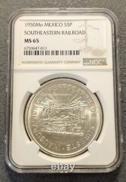 MEXICO $5 Pesos 1950 Silver NGC MS65 Railroad