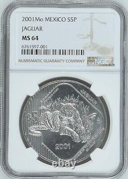 MEXICO 5 Pesos 2001 Silver NGC MS64 Endangered Wildlife Jaguar