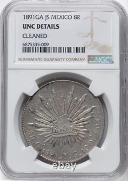 MEXICO GUADALAJARA 1891-GaJS 8 REALES COIN, NGC CERTIFIED UNCIRCULATED DETAILS