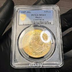 MS64 1957-Mo Mexico Silver 5 Pesos, PCGS Trueview- Lightly Rainbow Toned