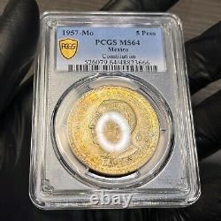 MS64 1957-Mo Mexico Silver 5 Pesos, PCGS Trueview- Lightly Rainbow Toned