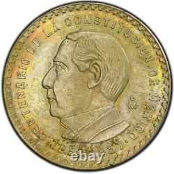 MS64 1957-Mo Mexico Silver 5 Pesos, PCGS Trueview- Lightly Rainbow Toned