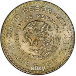 MS64 1957-Mo Mexico Silver 5 Pesos, PCGS Trueview- Lightly Rainbow Toned
