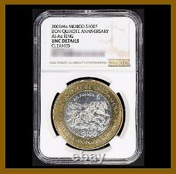 Mexico 100 Pesos Silver Center Coin 2005 Bimetallic Don Quixote NGC Unc Detalis