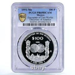 Mexico 100 pesos Encounter of Two Worlds Ships PR69 PCGS silver coin 1991