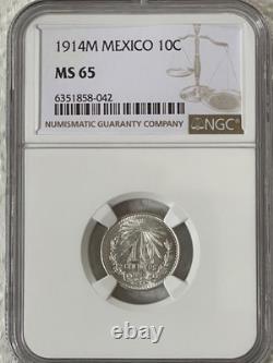 Mexico 10¢ 1914M NGC MS65 -FREE SHIPPING- Ten Centavos