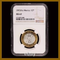 Mexico 10 Pesos Bimetallic Silver Center Coin, 1993 NGC MS 67 Top Pop