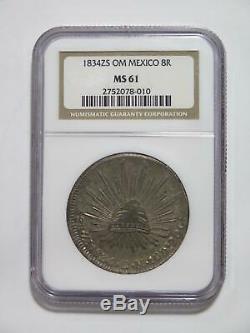 Mexico 1834 Zs Om 8 Reales Toned Ngc Graded Ms61 World Coin Cap & Rays