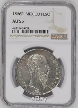 Mexico 1866 Pi Un Peso Ngc Graded Au55 Silver Crown World Coin Maximilian