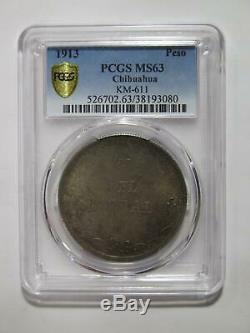 Mexico 1913 Peso Parral Km#611 Pcgs Graded Ms63 World Coin Chihuahua