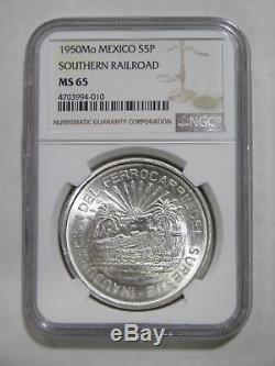 Mexico 1950 Cinco 5 Pesos Railroad Silver Ngc Gem Ms65 World Coin Collection Lot