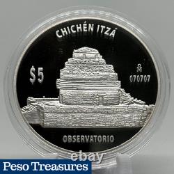 Mexico 5 Pesos Proof Chichen Itza Observatorio BU In Capsule