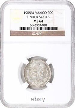 Mexico Estados Unidos 1905 20 Centavos Coin, Ngc Certified Uncirculated Ms64