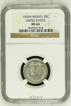 Mexico Estados Unidos 1905 20 Centavos Coin, Ngc Certified Uncirculated Ms64