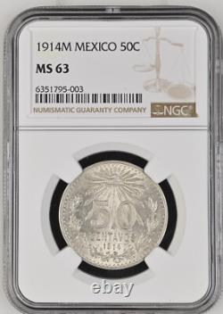 Mexico Estados Unidos 1914 50 Centavos Coin, Ngc Certified Uncirculated Ms63