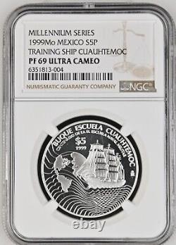 Millennium Series 1999 Mo Mexico S 5 Pesos Training Ship Cuauhtemoc NGC PF 69 UC