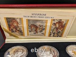 Myanmar 500 Kyat 1998 Year of Tiger 3 Silver Coins set Proof with box and coa