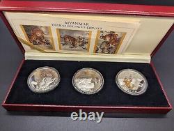 Myanmar 500 Kyat 1998 Year of Tiger 3 Silver Coins set Proof with box and coa