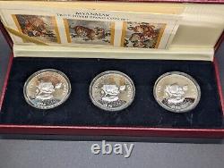 Myanmar 500 Kyat 1998 Year of Tiger 3 Silver Coins set Proof with box and coa