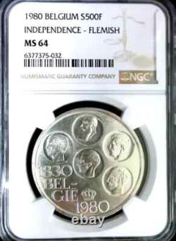 NGC MS64-Belgium 1980 Independence-Flemish 500 Francs Choice BU Scarce