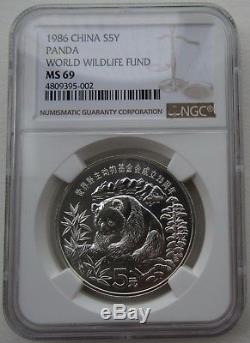 NGC MS69 China 1986 World Wildlife Fund Panda Silver Coin 5 Yuan