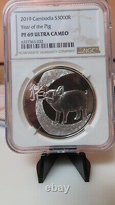 NGC PF69 UC-Cambodia 2019 Year Of Pig Silver 3000 R. Almost Perfect Proof withCOA