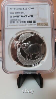 NGC PF69 UC-Cambodia 2019 Year Of Pig Silver 3000 R. Almost Perfect Proof withCOA