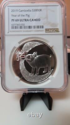NGC PF69 UC-Cambodia 2019 Year Of Pig Silver 3000 R. Almost Perfect Proof withCOA