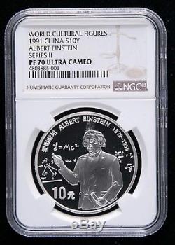 NGC PF70 1991 China Albert Einstein Silver Coin World Cultural S10Y 1oz