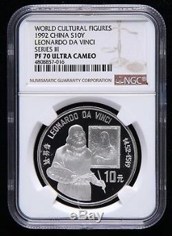 NGC PF70 1992 China World Cultural Leonardo Da Vinci Silver Coin 10Y