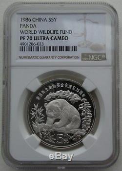 NGC PF70 China 1986 World Wildlife Fund Panda Silver Coin 5 Yuan COA Package