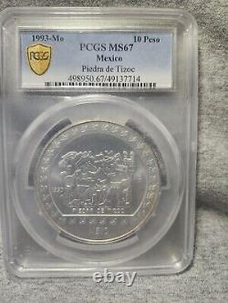 N$ 10 Mexico 1993 Piedra de Tizoc 5 oz PCGS MS67 ONLY 3 HIGHER