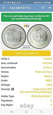 N$ 10 Mexico 1993 Piedra de Tizoc 5 oz PCGS MS67 ONLY 3 HIGHER