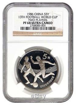Ngc Ms-68 Silver 1986 China S5y 13th Football World Cup Two Players Coin 5 Yuan