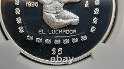 Ngc Proof 69 Ultra Cameo 1996 Mexico El Luchador 5 Pesos Silver Coin