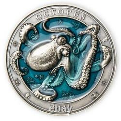 Octopus Underwater World 3 oz Antigue finish Silver Coin 5$ Barbados 2021