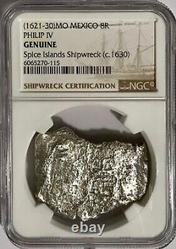 Old Silver Treasure Coin 1621-30 Mexico 8R Real Philip IV Cob NGC Gen Shipwreck