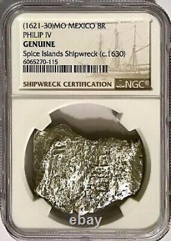 Old Silver Treasure Coin 1621-30 Mexico 8R Real Philip IV Cob NGC Gen Shipwreck
