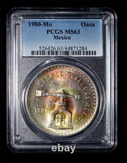 PCGS MS63 1980 MO Mexico Silver 1 Onza Amazing Rainbow toning