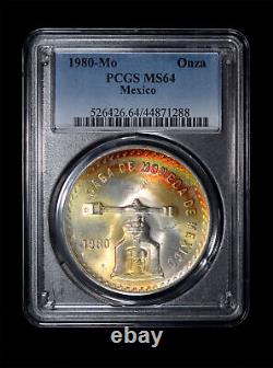 PCGS MS64 1980 Mo Mexico Silver Onza Rainbow toning