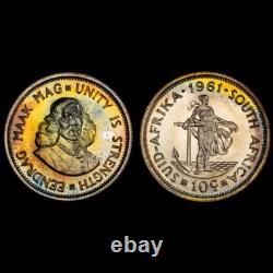 PR68 1961 South Africa 10 Cent Silver Proof, PCGS- Rainbow Toned (Only 1 Finer!)
