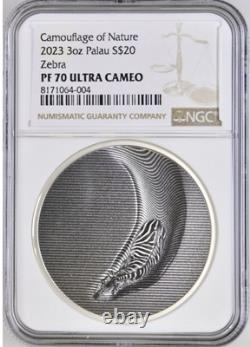 Palau 20 Dollars 2023 Silver 3OZ Coin Camouflage of Nature Zebra NGC PF70